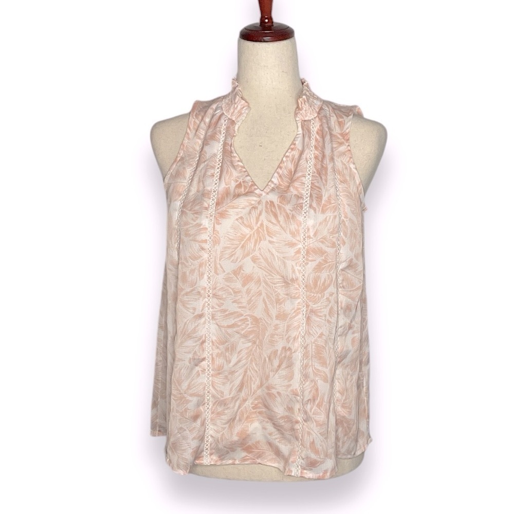 Elizabeth & James Blush Pink Floral Crochet Stripe Split Neck Sleeveless Blouse